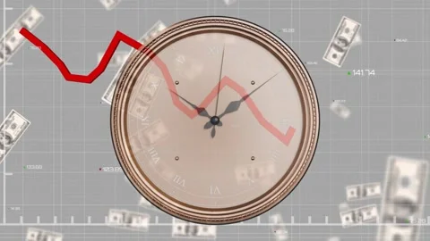 Red line entering top left tracing zigzag clock hands rotating bills drifting Stock Footage 337905009