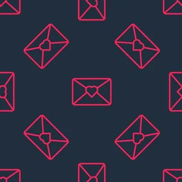 Red line Envelope with 8 March icon isolated seamless pattern on black back.. 스톡 일러스트