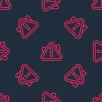 Red line Exclamation mark in triangle icon isolated seamless pattern on black Stock Illustration
