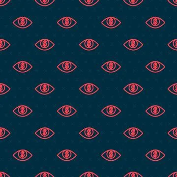 Red line Eye with dollar icon isolated seamless pattern on black background Stock Illustration