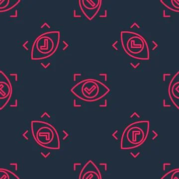 Red line Eye scan icon isolated seamless pattern on black background. Scanning Illustrazione stock