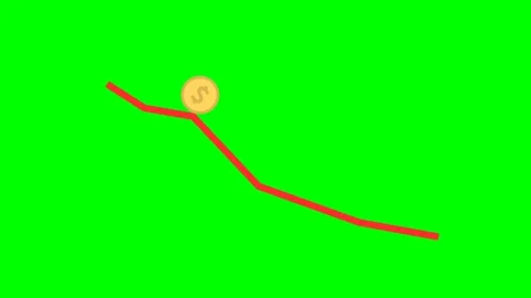 Red line of falling price graph. Gold coin falls from above, rolls down red line Stock Footage 327026581