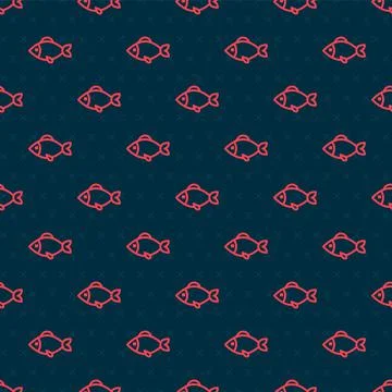 Red line Fish icon isolated seamless pattern on black background. Vector Stock Illustration