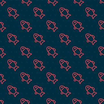 Red line Fish icon isolated seamless pattern on black background. Vector イラスト素材