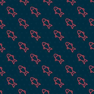 Red line Fish icon isolated seamless pattern on black background.  Vector Stock Illustration