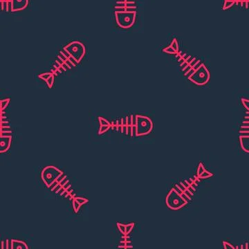 Red line Fish skeleton icon isolated seamless pattern on black background. Fish イラスト素材