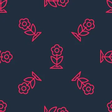 Red line Flower icon isolated seamless pattern on black background.  Vector Illustrazione stock