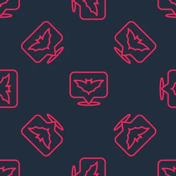 Red line Flying bat icon isolated seamless pattern on black background. Happy Stock Illustration