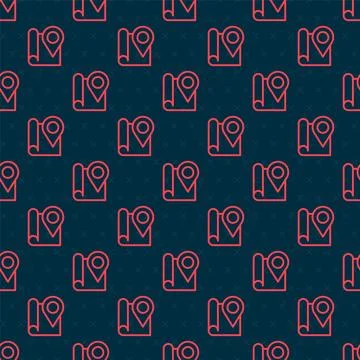 Red line Folded map with location marker icon isolated seamless pattern on black Stock Illustration