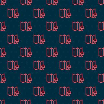 Red line Folded map with location marker icon isolated seamless pattern on .. Stock Illustration