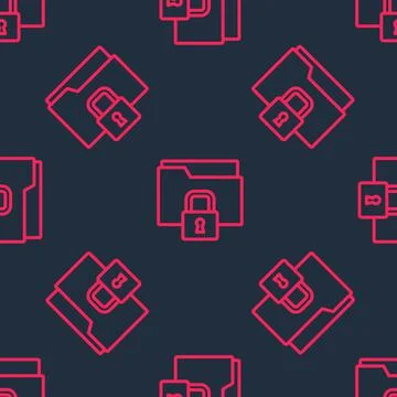 Red line Folder and lock icon isolated seamless pattern on black background.  Illustrazione stock