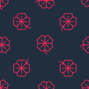 Red line Four leaf clover icon isolated seamless pattern on black background Stock Illustration