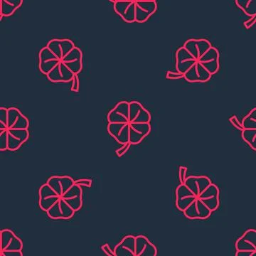 Red line Four leaf clover icon isolated seamless pattern on black background. Illustrazione stock