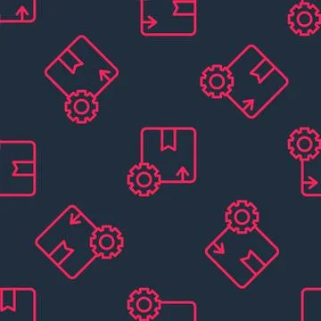 Red line Gear wheel with package box icon isolated seamless pattern on black Stock Illustration