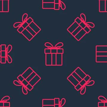 Red line Gift box icon isolated seamless pattern on black background. Merry Illustrazione stock
