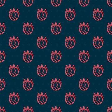 Red line Global warming fire icon isolated seamless pattern on black background Stock Illustration