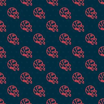Red line Globe with flying plane icon isolated seamless pattern on black Stock Illustration