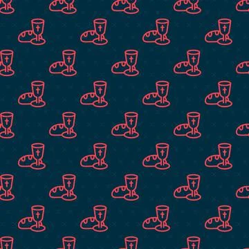 Red line Goblet and bread icon isolated seamless pattern on black background Illustrazione stock