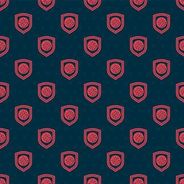 Red line Golf ball with shield icon isolated seamless pattern on black Stock Illustration