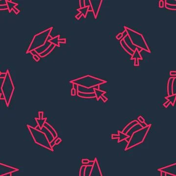 Red line Graduation cap with cursor icon isolated seamless pattern on black.. Stock Illustration