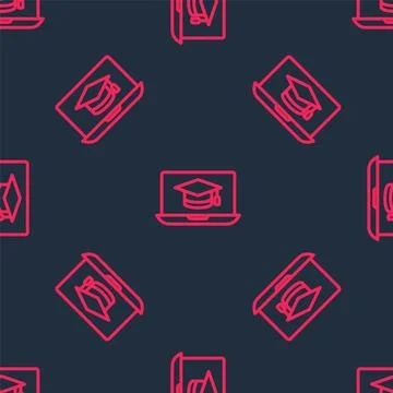 Red line Graduation cap on screen laptop icon isolated seamless pattern on black Stock Illustration