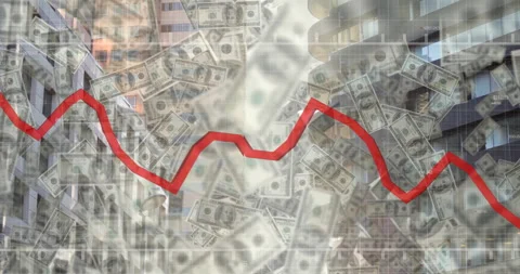 Red line graph animation over falling dollar bills and city buildings background Stock Footage 304766541