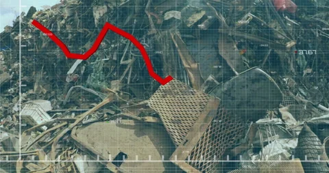 Red line graph animation over pile of scrap metal and debris Stock Footage 305432277