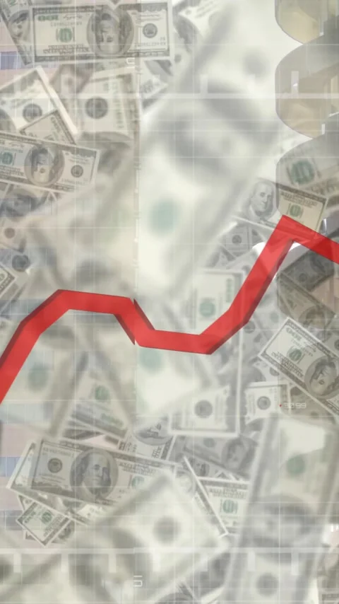 Red line graph animation over falling dollar bills and city buildings background Stock Footage 323780888
