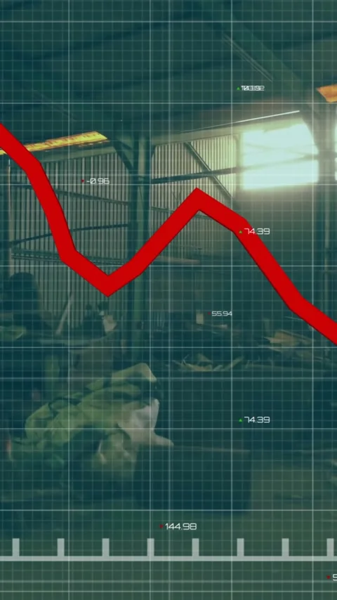 Red line graph animation over industrial warehouse with various items scattered Stock Footage 341956855