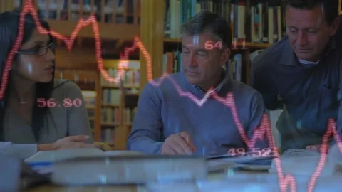 Red line graph falling leading woman raising hand while team taking notes Stock Footage 312279898