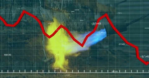Red line graph image over heatmap data visualization on grid background Stock Photos