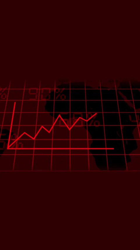 Red line graph showing fluctuations over world map chart. Red line graph hi.. Stock Footage 344840903