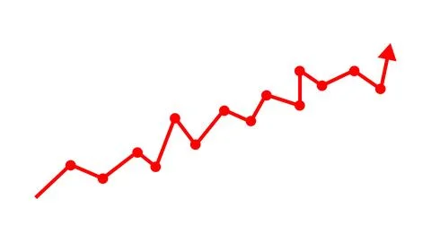 Red line graph showing positive growth trend with upward arrow and data point 库存插图