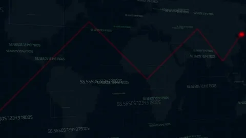 Red line graph showing a sharp decline over map. Financial red line graph f.. Stock Footage 338348290