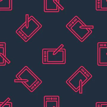 Red line Graphic tablet icon isolated seamless pattern on black background... Stock Illustration