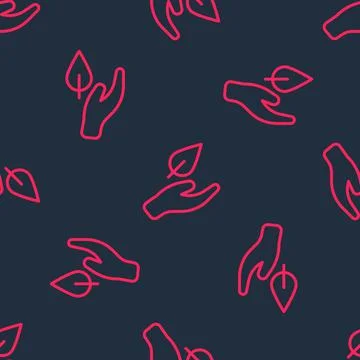 Red line Hand hold a leaf of the plant icon isolated seamless pattern on black Stock Illustration
