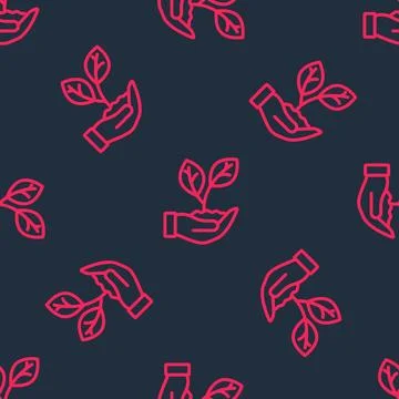 Red line Hand hold a leaf of the plant icon isolated seamless pattern on bl.. 库存插图
