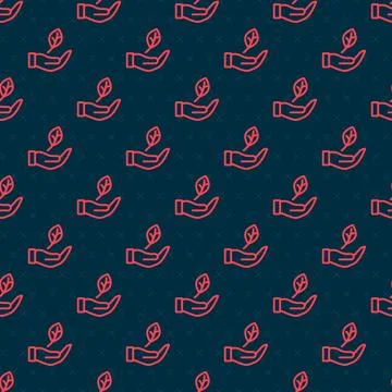 Red line Hand hold a leaf of the plant icon isolated seamless pattern on bl.. Stock Illustration