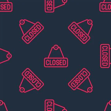 Red line Hanging sign with text Closed icon isolated seamless pattern on blac Stock Illustration