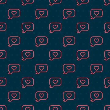 Red line Heart in speech bubble icon isolated seamless pattern on black bac.. Stock Illustration