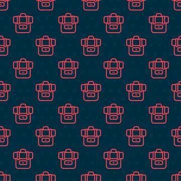 Red line Hiking backpack icon isolated seamless pattern on black background Stock Illustration