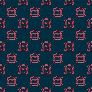 Red line Hiking backpack icon isolated seamless pattern on black background 스톡 일러스트