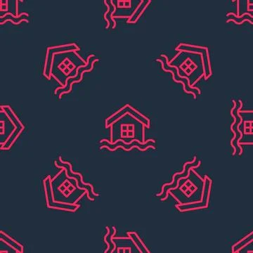 Red line House flood icon isolated seamless pattern on black background. Home Ilustración de archivo