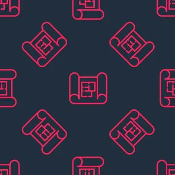 Red line House plan icon isolated seamless pattern on black background. Vector Stock Illustration