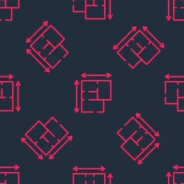 Red line House plan icon isolated seamless pattern on black background.  Vect Stock Illustration
