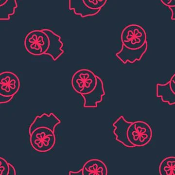 Red line Human head with clover trefoil leaf icon isolated seamless pattern on Illustrazione stock