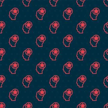 Red line Human head with flower inside icon isolated seamless pattern on black Stock Illustration