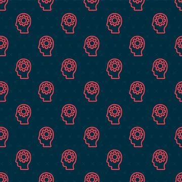 Red line Human head with gear inside icon isolated seamless pattern on black Stockillustratie