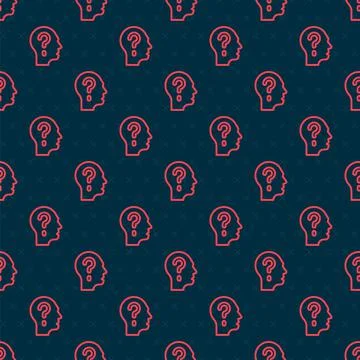 Red line Human head with question mark icon isolated seamless pattern on black Stockillustratie