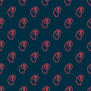 Red line Human head with question mark icon isolated seamless pattern on blac Ilustración de archivo